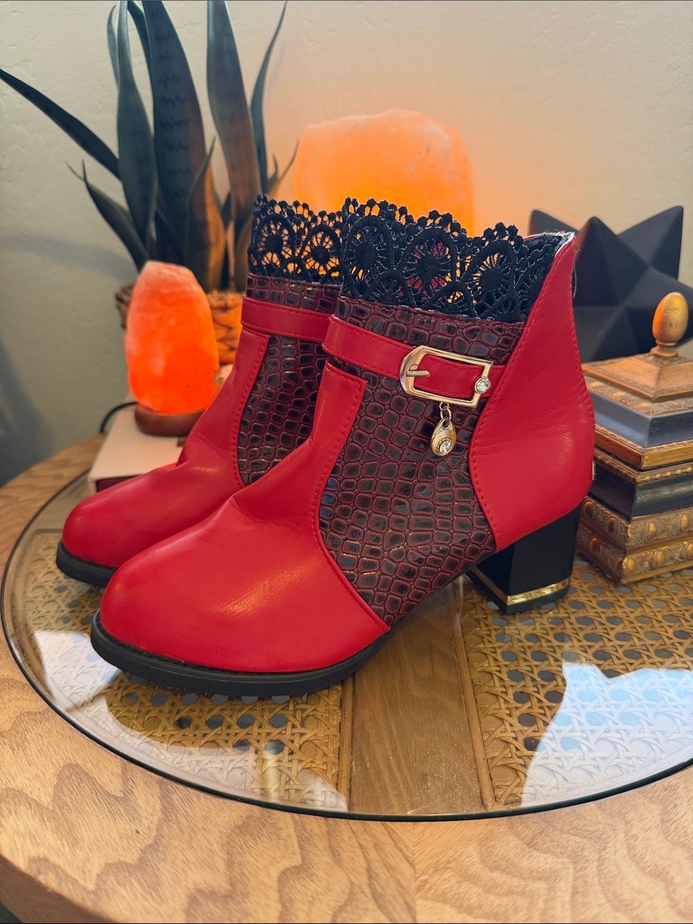 Red Gothic Lace Trim Ankle Boots Croc Embossed Heels 38